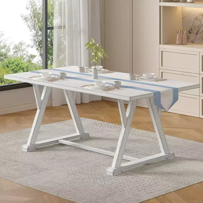 VECELO Farmhouse Style 7-Piece Dining Table Set for 6, Rubber Wood Table with 6 Upholstered Dining Chairs, Gray