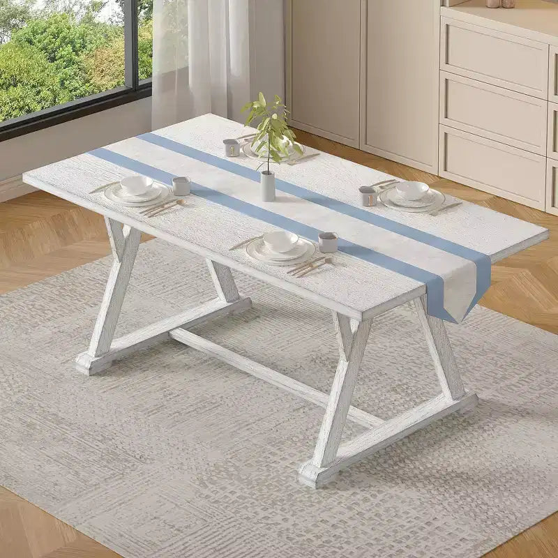 VECELO Farmhouse Style 7-Piece Dining Table Set for 6, Rubber Wood Table with 6 Upholstered Dining Chairs, Gray