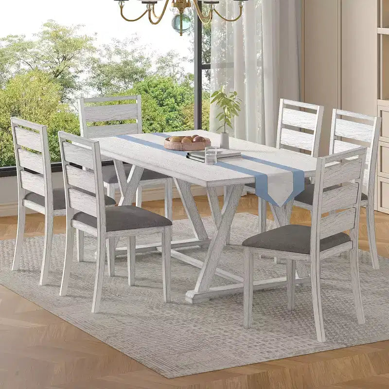 VECELO Farmhouse Style 7-Piece Dining Table Set for 6, Rubber Wood Table with 6 Upholstered Dining Chairs, Gray