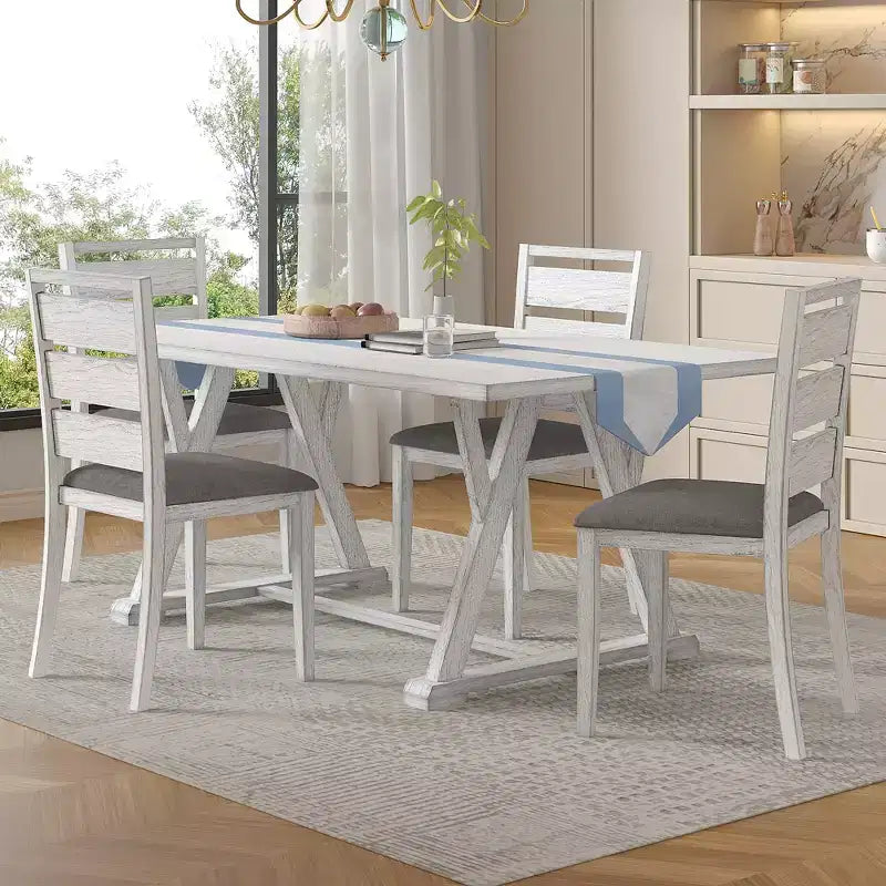 VECELO Farmhouse Style 7-Piece Dining Table Set for 6, Rubber Wood Table with 6 Upholstered Dining Chairs, Gray