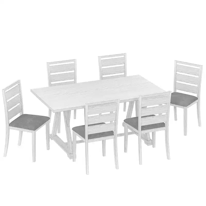 VECELO Farmhouse Style 7-Piece Dining Table Set for 6, Rubber Wood Table with 6 Upholstered Dining Chairs, Gray