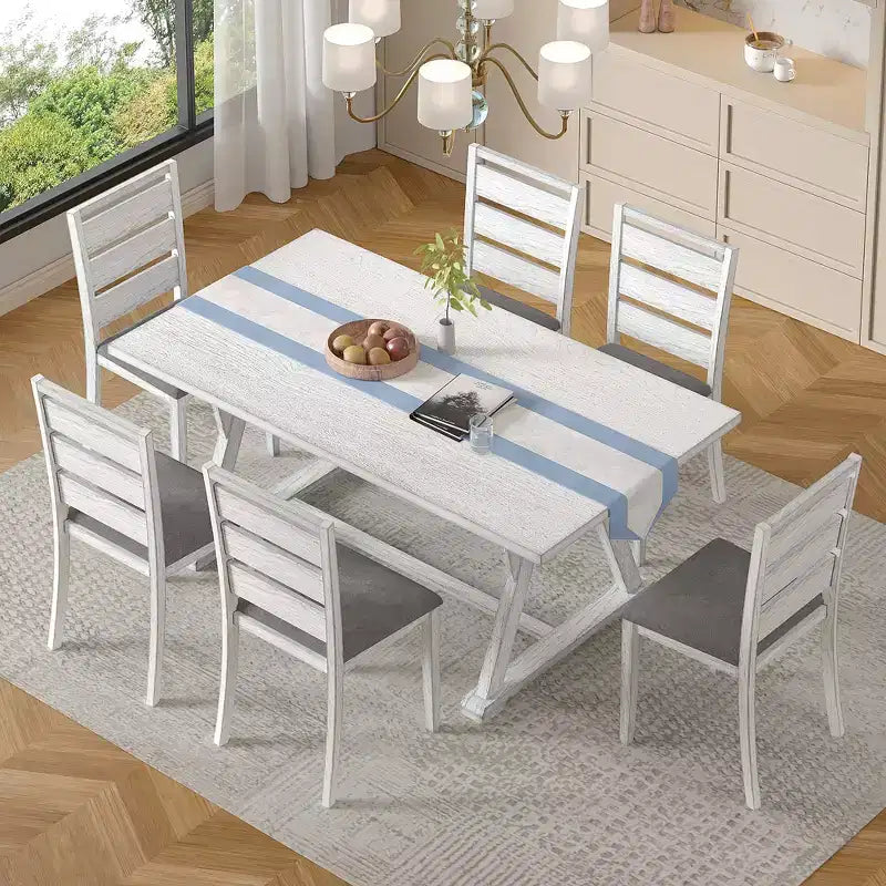 VECELO Farmhouse Style 7-Piece Dining Table Set for 6, Rubber Wood Table with 6 Upholstered Dining Chairs, Gray