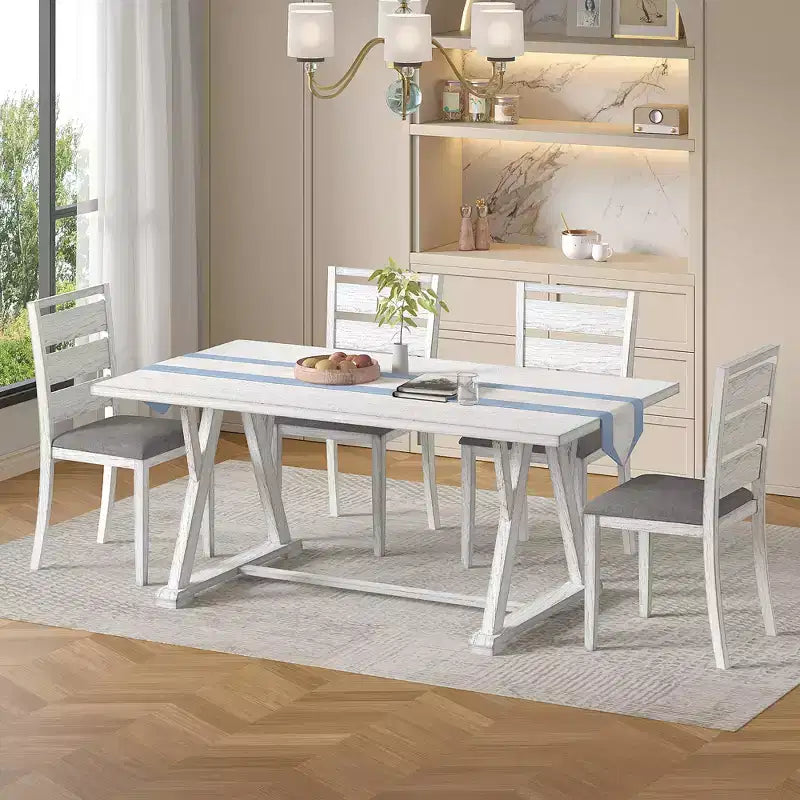 VECELO Farmhouse Style 7-Piece Dining Table Set for 6, Rubber Wood Table with 6 Upholstered Dining Chairs, Gray
