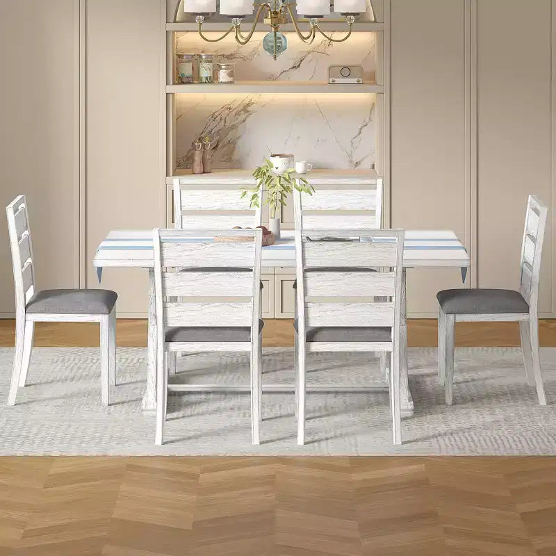 VECELO Farmhouse Style 7-Piece Dining Table Set for 6, Rubber Wood Table with 6 Upholstered Dining Chairs, Gray