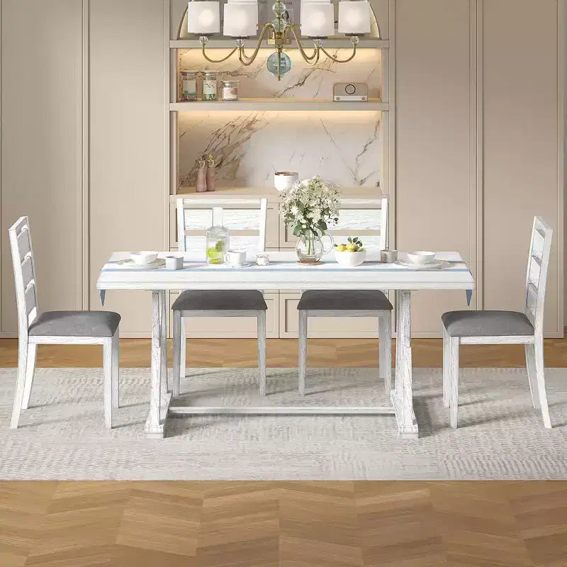 VECELO Farmhouse Style 7-Piece Dining Table Set for 6, Rubber Wood Table with 6 Upholstered Dining Chairs, Gray