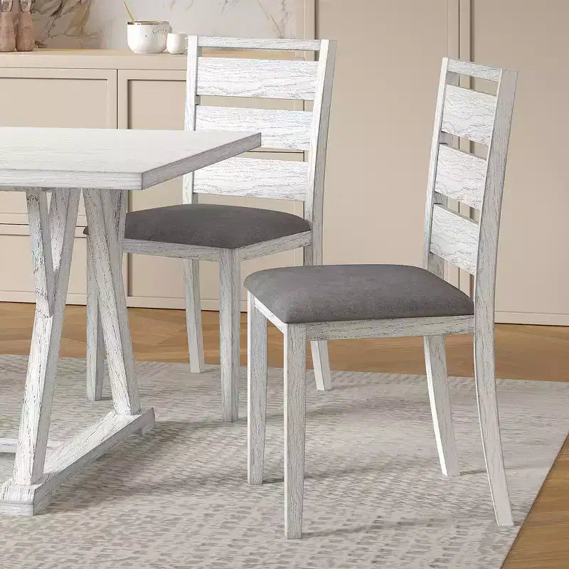 VECELO Farmhouse Style 7-Piece Dining Table Set for 6, Rubber Wood Table with 6 Upholstered Dining Chairs, Gray