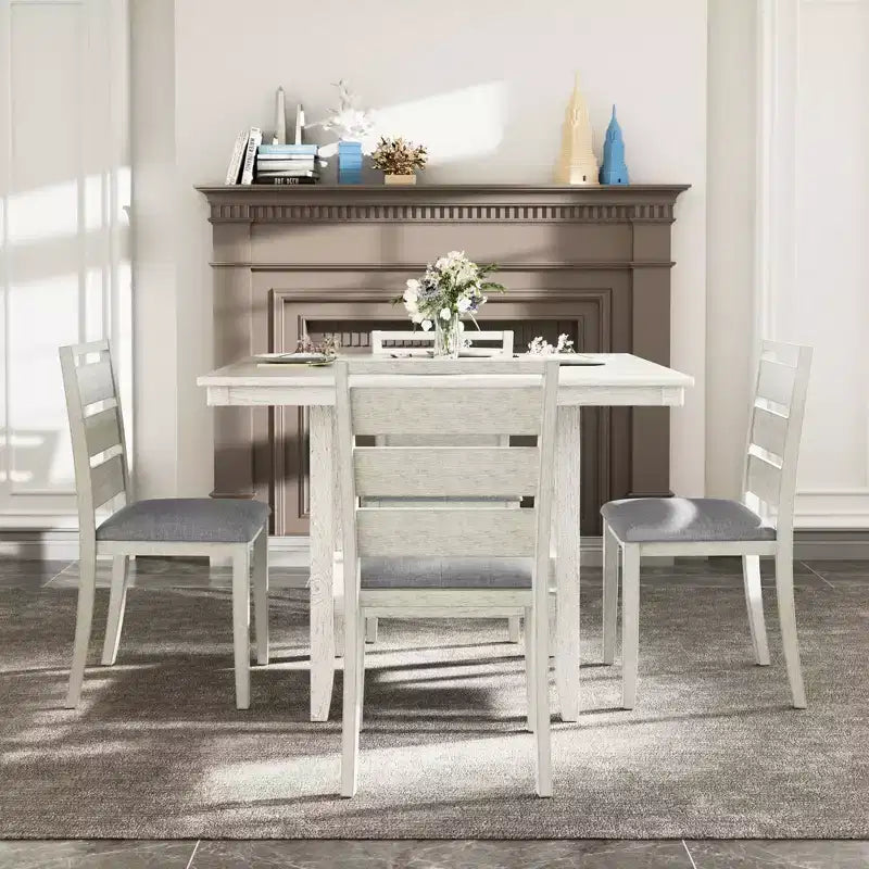 VECELO Rustic 5-Piece Dining Table Set, Rubber Wood Square Table with Shelf and 4 Armless Upholstered Dining Chairs for Kitchen, Gray