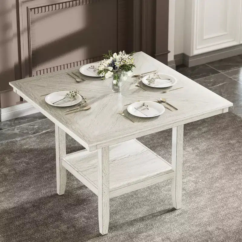 VECELO Rustic 5-Piece Dining Table Set, Rubber Wood Square Table with Shelf and 4 Armless Upholstered Dining Chairs for Kitchen, Gray