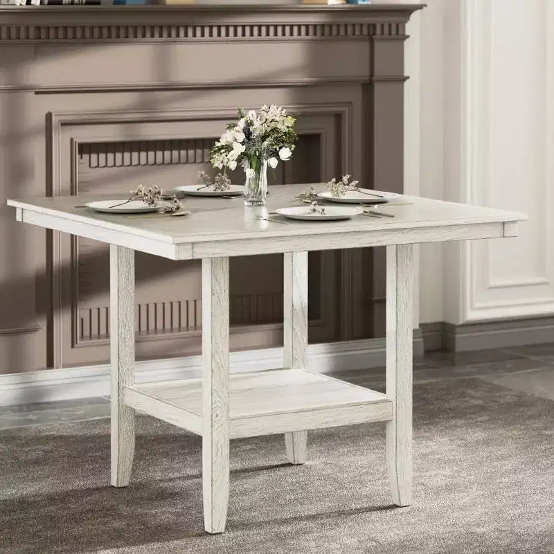 VECELO Rustic 5-Piece Dining Table Set, Rubber Wood Square Table with Shelf and 4 Armless Upholstered Dining Chairs for Kitchen, Gray