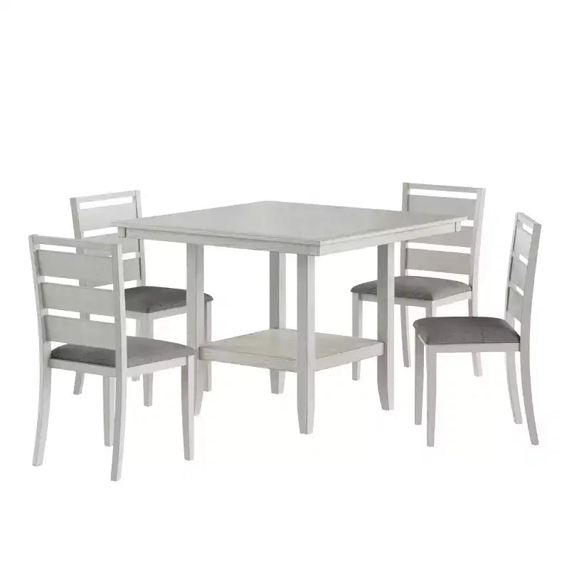 VECELO Rustic 5-Piece Dining Table Set, Rubber Wood Square Table with Shelf and 4 Armless Upholstered Dining Chairs for Kitchen, Gray