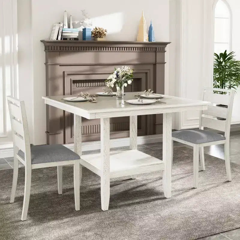 VECELO Rustic 5-Piece Dining Table Set, Rubber Wood Square Table with Shelf and 4 Armless Upholstered Dining Chairs for Kitchen, Gray