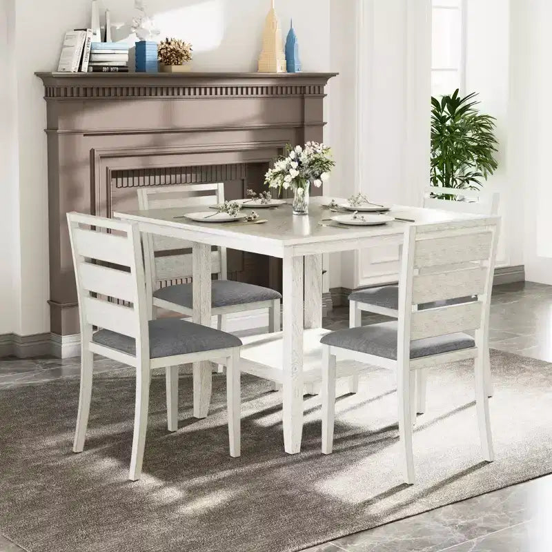 VECELO Rustic 5-Piece Dining Table Set, Rubber Wood Square Table with Shelf and 4 Armless Upholstered Dining Chairs for Kitchen, Gray