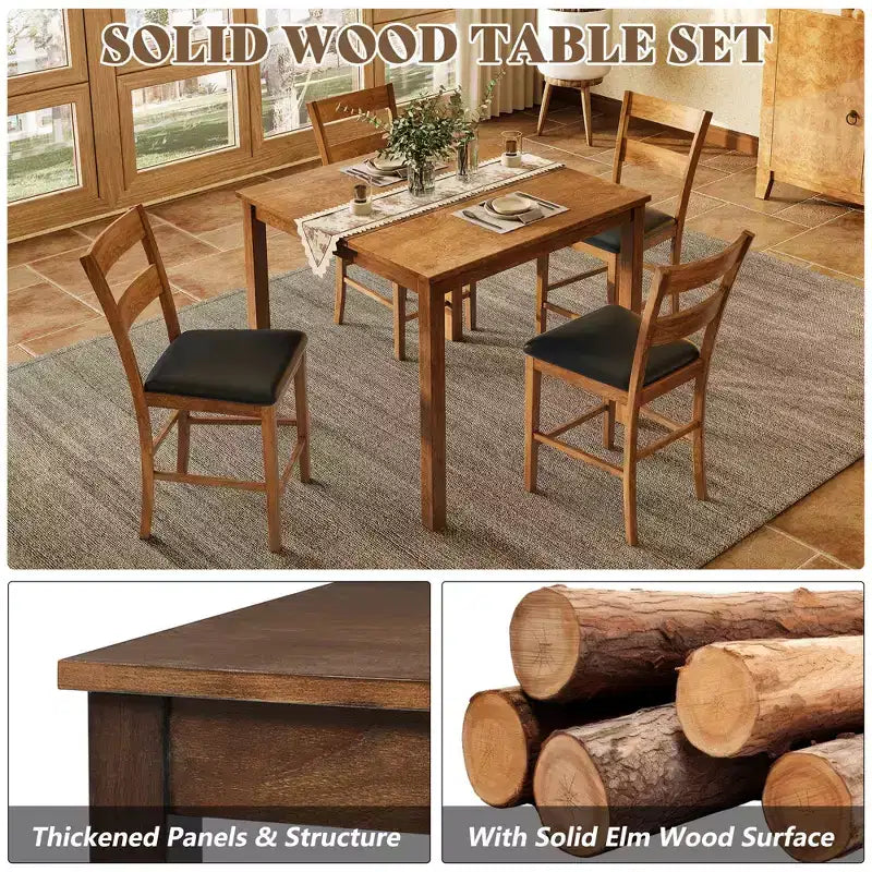 AMERLIFE Solid Wood 5-Piece Dining Table Set, Chairs with Curved Backrests & PU Cushioned, Black/Walnut