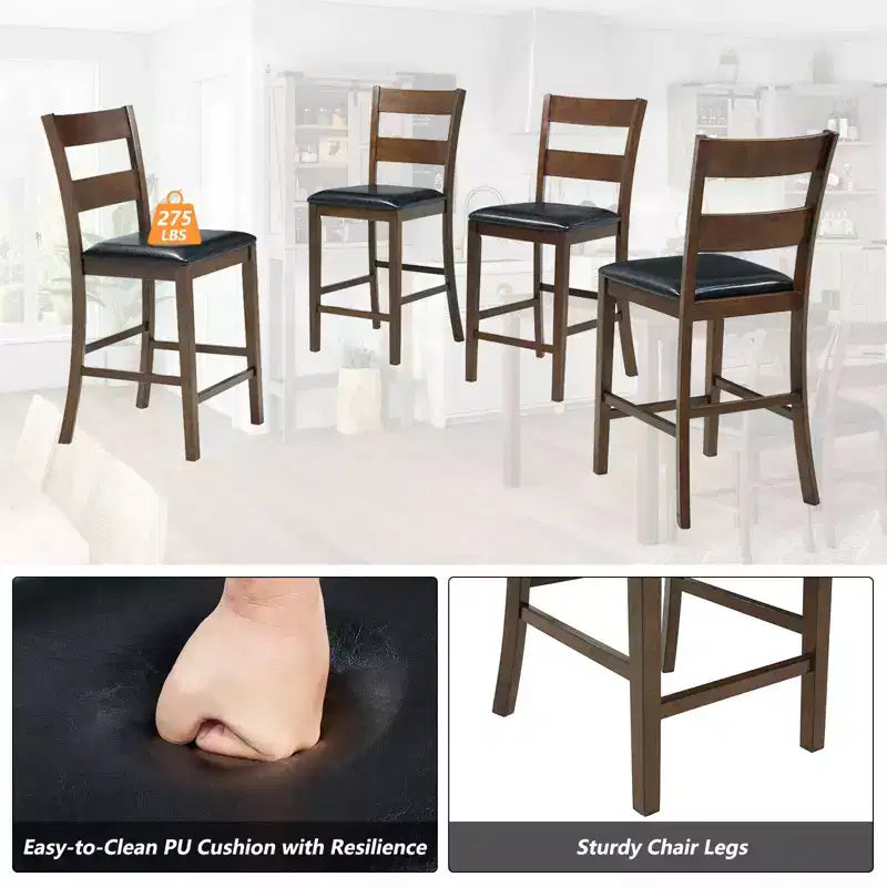 AMERLIFE Solid Wood 5-Piece Dining Table Set, Chairs with Curved Backrests & PU Cushioned, Black/Walnut