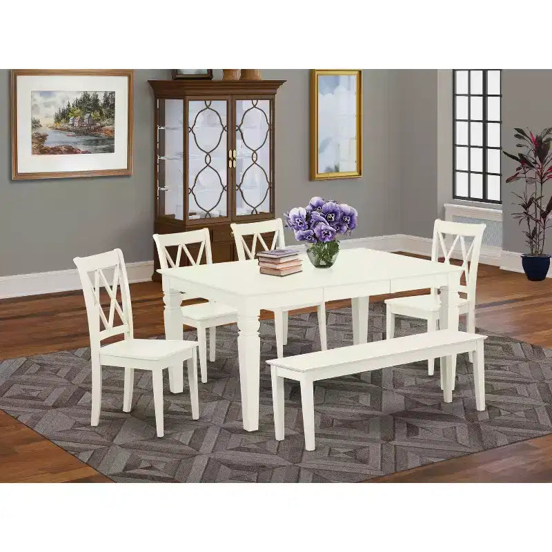 HomeStock Belmont 6PC Rectangular 42/60 inch Table with 18 In Leaf and 4 Double X back Chairs plus one bench