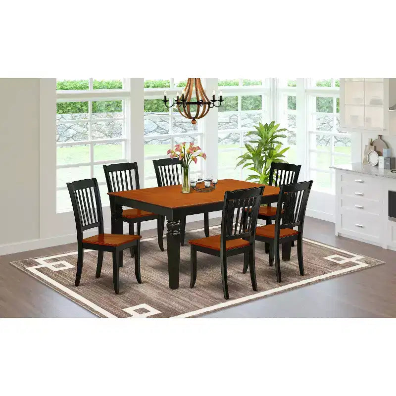 HomeStock Belmont 7PC Rectangular 42/60 inch Table with 18 In Leaf and 6 vertical slatted Chairs