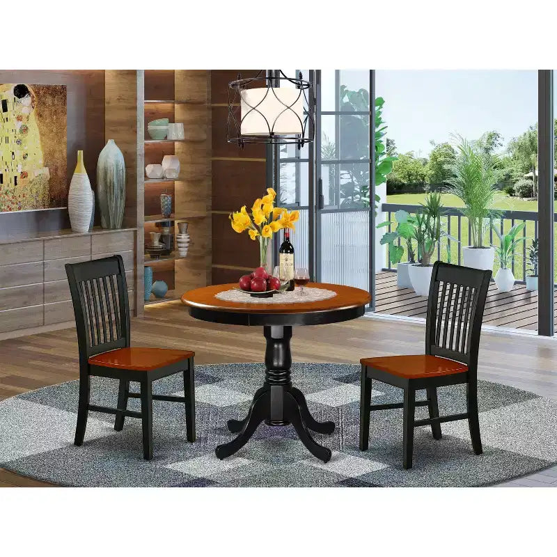 HomeStock Belmont 3Pc Rounded 36 Inch Family Table And Two Solid Wood Seat Kitchen Chairs
