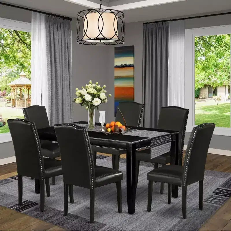 HomeStock Belmont 7Pc Rectangular 60 Inch Dining Table And Six Parson Chair With Black Leg And Pu Leather Color Black