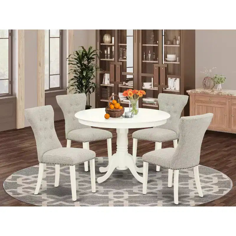 HomeStock Belmont 5-Piece small dining table set- 4 parsons dining room chairs and Round kitchen dining table, Linen White Finish