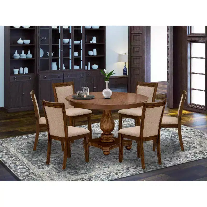 HomeStock Belmont 7-Piece Modern Dining Set - Wooden Pedestal Table and 6 Light Tan Color Parson Dining Chairs with High Back - Antique Walnut Finish