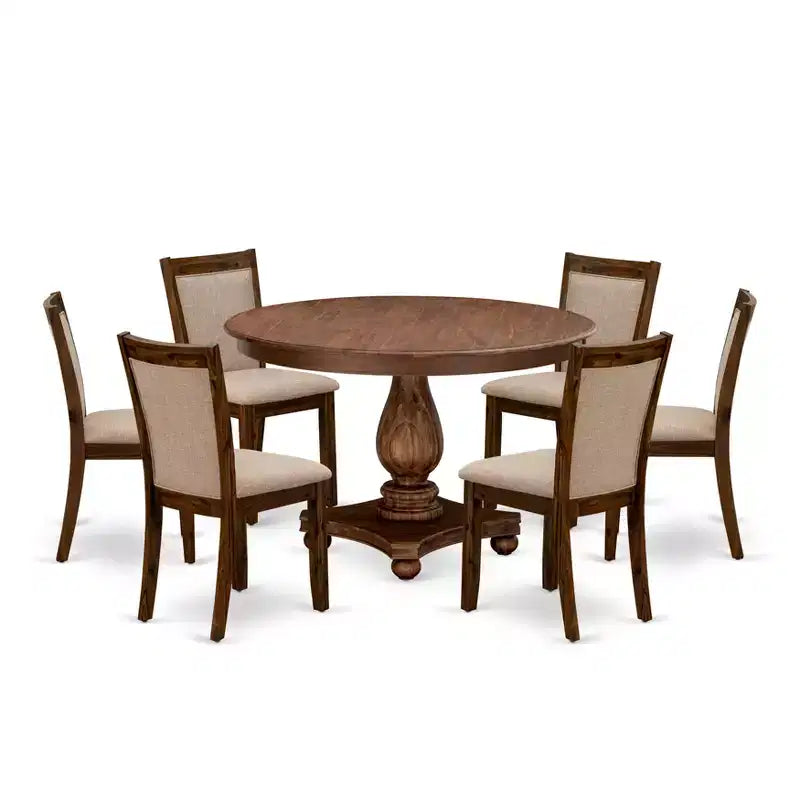 HomeStock Belmont 7-Piece Modern Dining Set - Wooden Pedestal Table and 6 Light Tan Color Parson Dining Chairs with High Back - Antique Walnut Finish