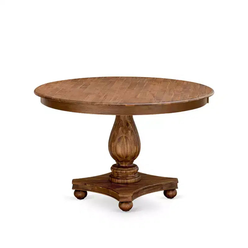 HomeStock Belmont 7-Piece Modern Dining Set - Wooden Pedestal Table and 6 Light Tan Color Parson Dining Chairs with High Back - Antique Walnut Finish