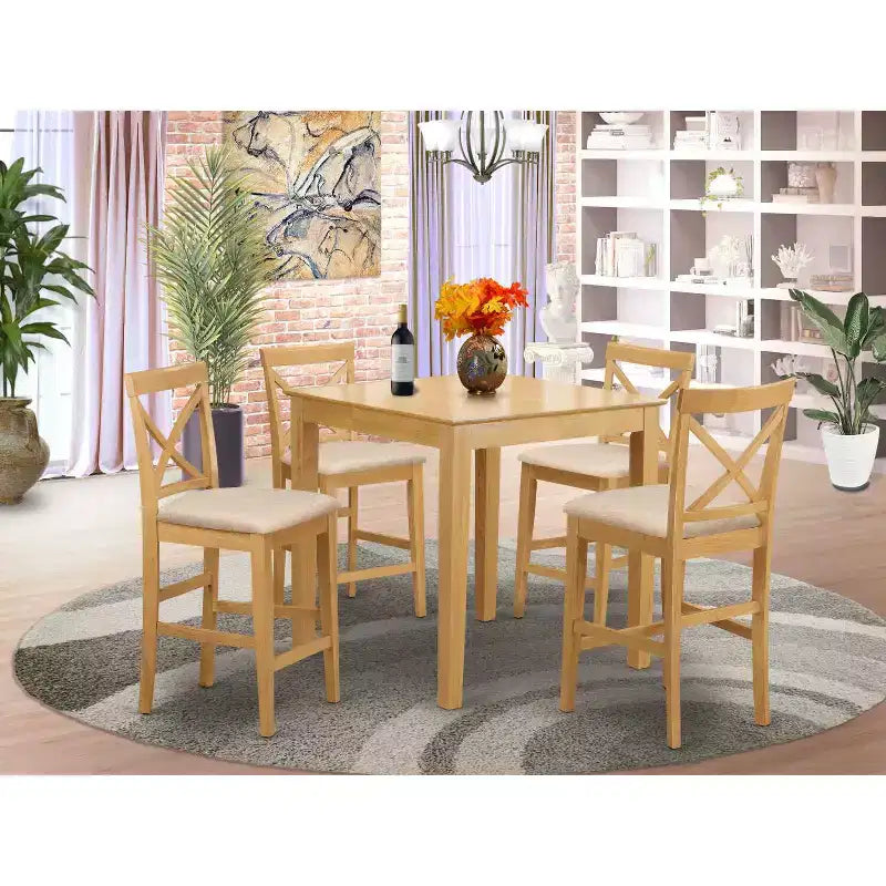 HomeStock Belmont 5 Piece Kitchen Counter Set Includes a Square Dining Table and 4 Dining Room Chairs, 36x36 Inch, Oak