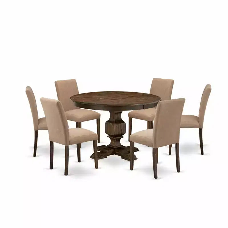 HomeStock Belmont 7 Piece Dining Table Set, Wooden Dining Table , 6 Light Sable Linen Fabric Kitchen Chairs , High Back - Distressed Jacobean Finish
