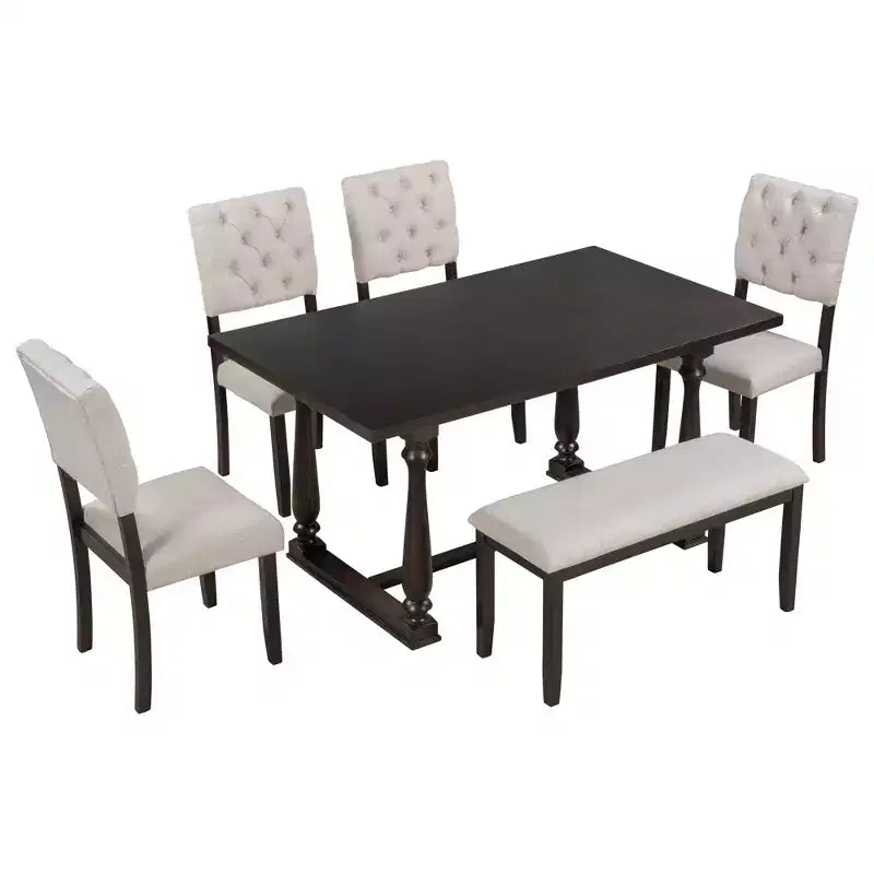 Dining Table Set for 6 with Bench Rectangular Table and 4 Upholstered Chairs for Kitchen