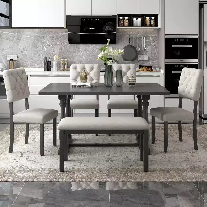 Dining Table Set for 6 with Bench Rectangular Table and 4 Upholstered Chairs for Kitchen