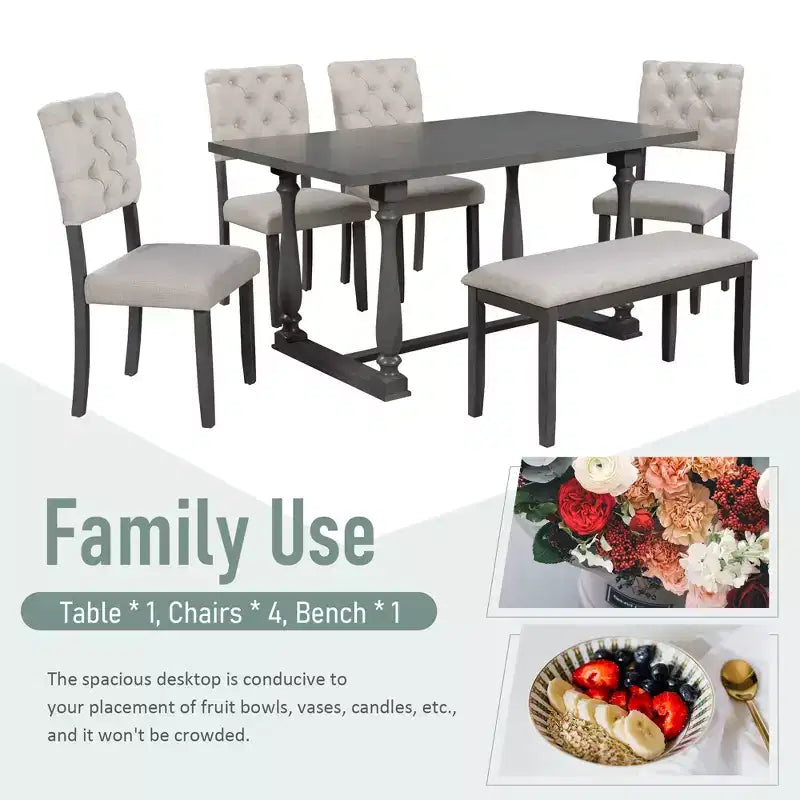 Dining Table Set for 6 with Bench Rectangular Table and 4 Upholstered Chairs for Kitchen