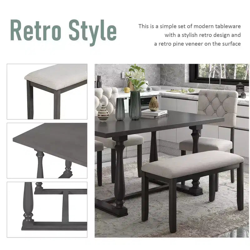 Dining Table Set for 6 with Bench Rectangular Table and 4 Upholstered Chairs for Kitchen