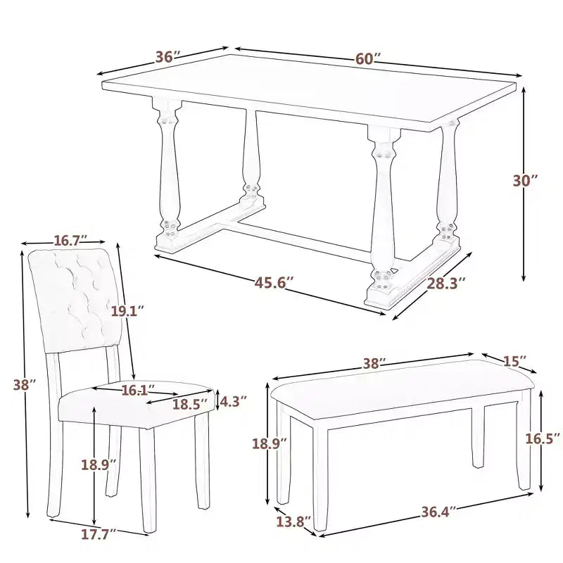 Dining Table Set for 6 with Bench Rectangular Table and 4 Upholstered Chairs for Kitchen