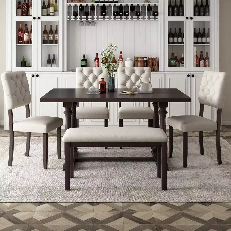 Dining Table Set for 6 with Bench Rectangular Table and 4 Upholstered Chairs for Kitchen