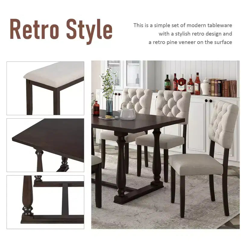 Dining Table Set for 6 with Bench Rectangular Table and 4 Upholstered Chairs for Kitchen