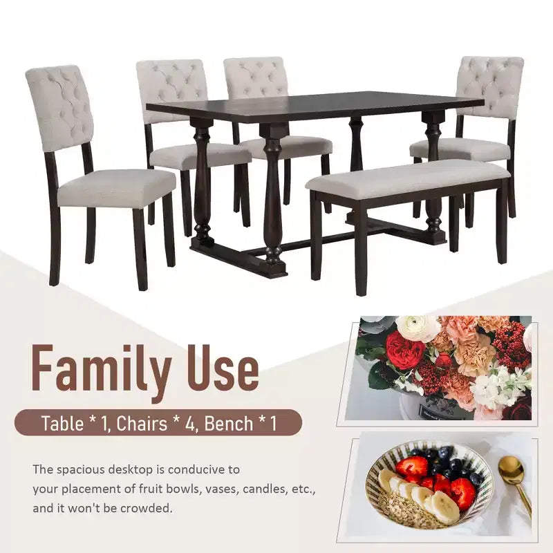 Dining Table Set for 6 with Bench Rectangular Table and 4 Upholstered Chairs for Kitchen