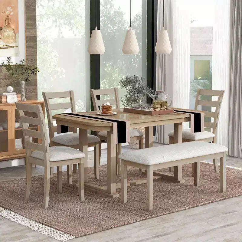 Dining Table Set for 6 with Wood Grain Pattern Tabletop, Kitchen Table Set with Chairs & Bench