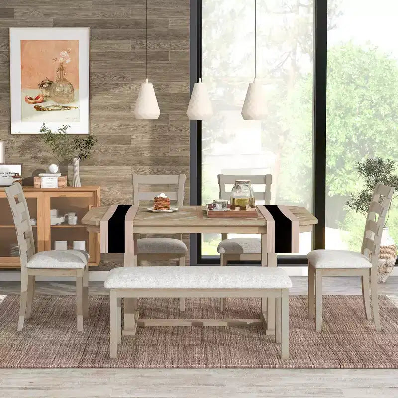 Dining Table Set for 6 with Wood Grain Pattern Tabletop, Kitchen Table Set with Chairs & Bench