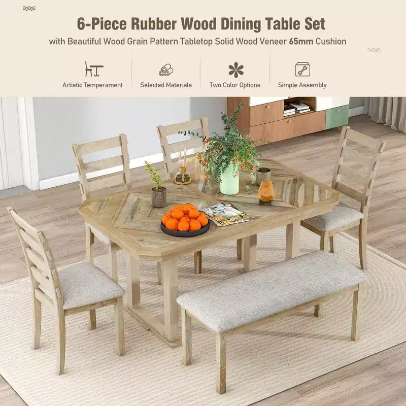 Dining Table Set for 6 with Wood Grain Pattern Tabletop, Kitchen Table Set with Chairs & Bench