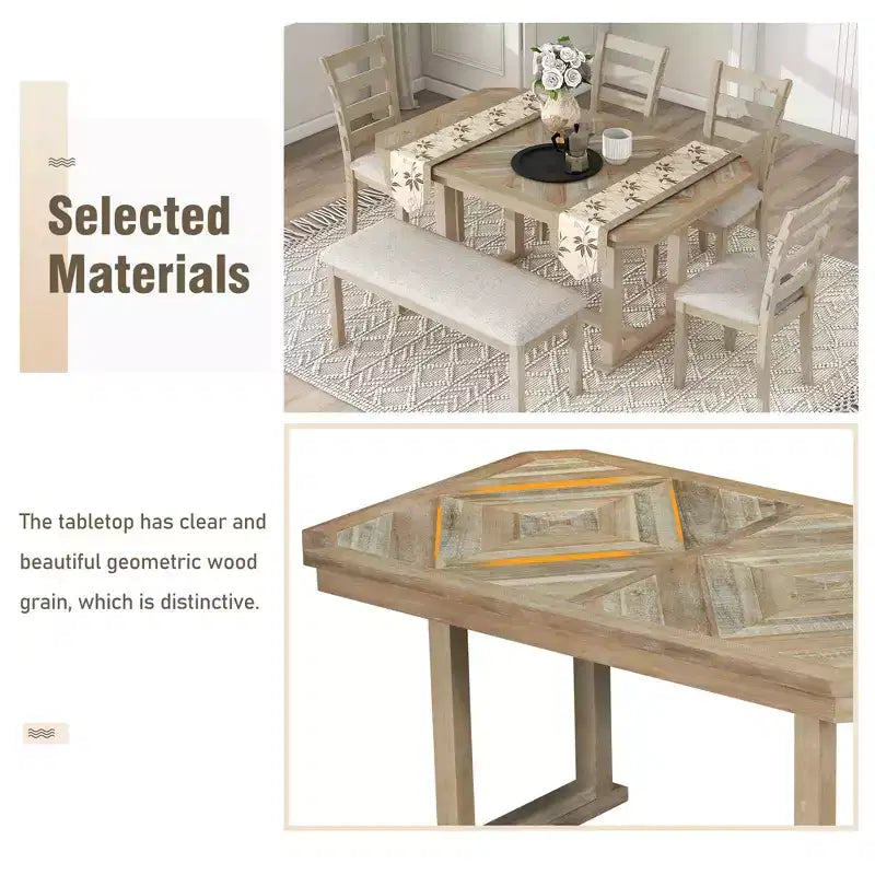 Dining Table Set for 6 with Wood Grain Pattern Tabletop, Kitchen Table Set with Chairs & Bench