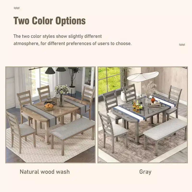 Dining Table Set for 6 with Wood Grain Pattern Tabletop, Kitchen Table Set with Chairs & Bench