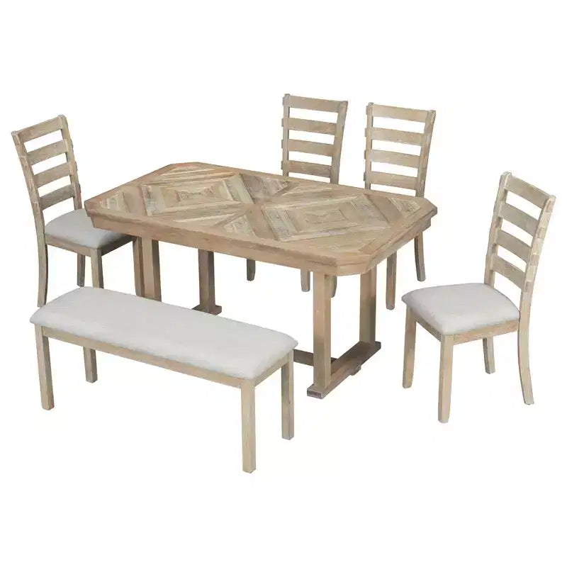 Dining Table Set for 6 with Wood Grain Pattern Tabletop, Kitchen Table Set with Chairs & Bench