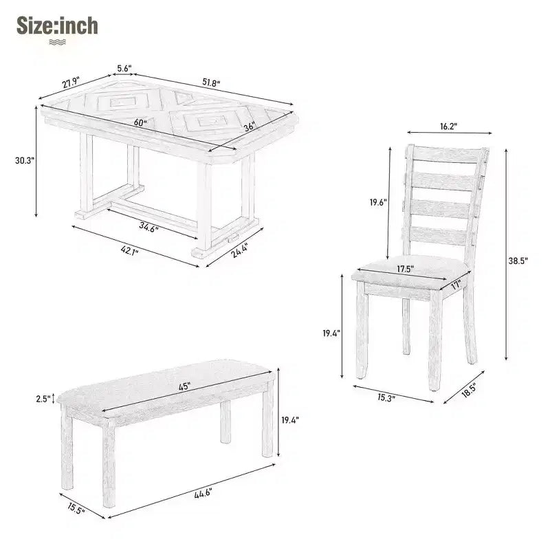 Dining Table Set for 6 with Wood Grain Pattern Tabletop, Kitchen Table Set with Chairs & Bench