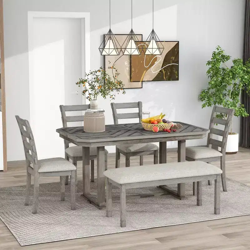 Dining Table Set for 6 with Wood Grain Pattern Tabletop, Kitchen Table Set with Chairs & Bench