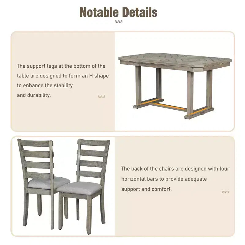 Dining Table Set for 6 with Wood Grain Pattern Tabletop, Kitchen Table Set with Chairs & Bench