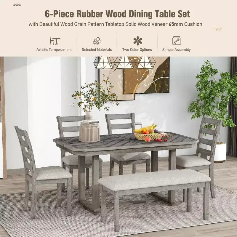 Dining Table Set for 6 with Wood Grain Pattern Tabletop, Kitchen Table Set with Chairs & Bench
