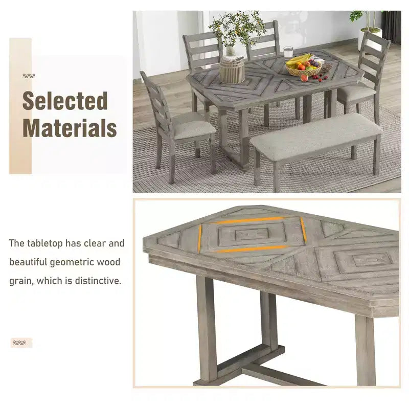 Dining Table Set for 6 with Wood Grain Pattern Tabletop, Kitchen Table Set with Chairs & Bench