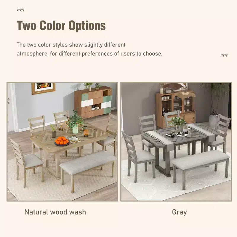 Dining Table Set for 6 with Wood Grain Pattern Tabletop, Kitchen Table Set with Chairs & Bench