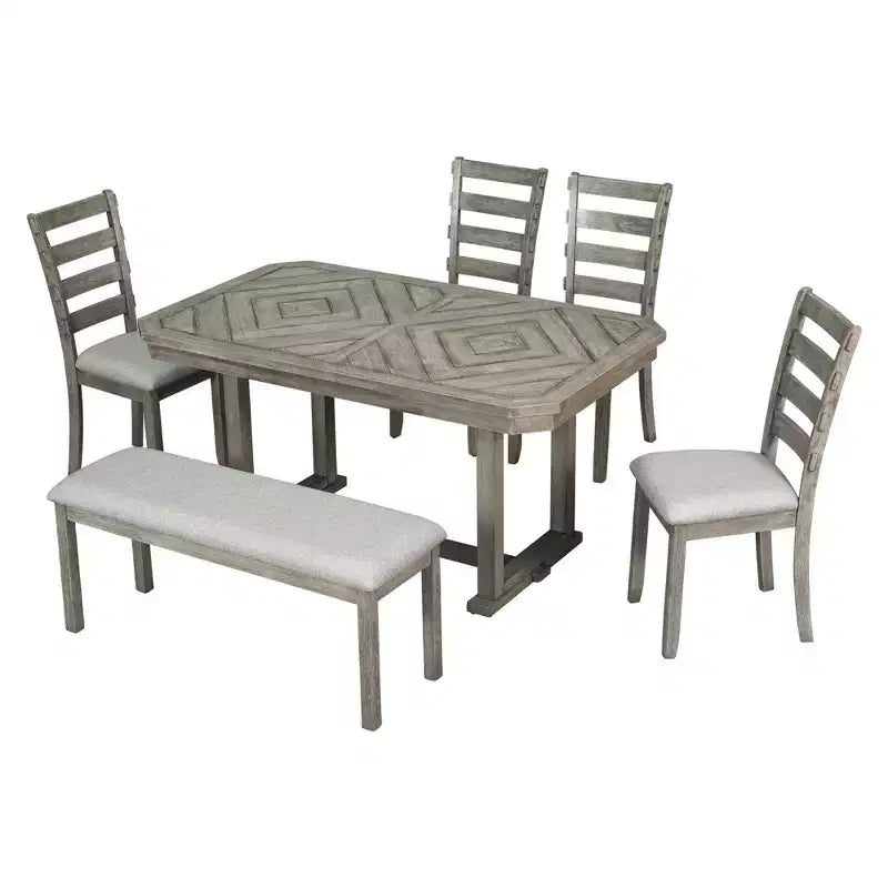 Dining Table Set for 6 with Wood Grain Pattern Tabletop, Kitchen Table Set with Chairs & Bench