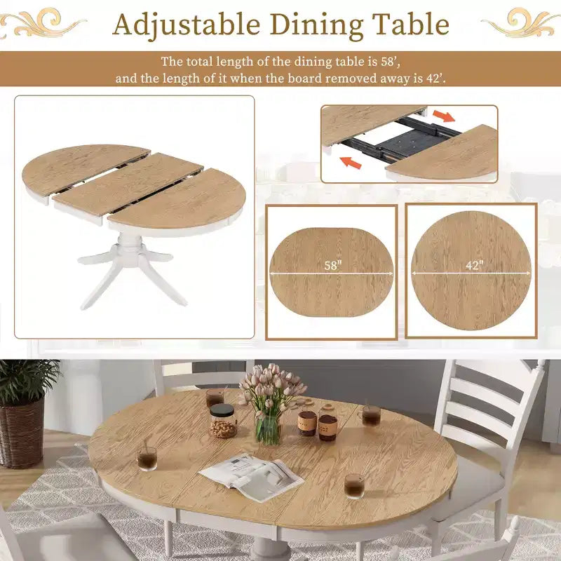 Extendable Round Kitchen Dining Table Set for 4, Farmhouse Dining Set and 4 Upholstered Chairs